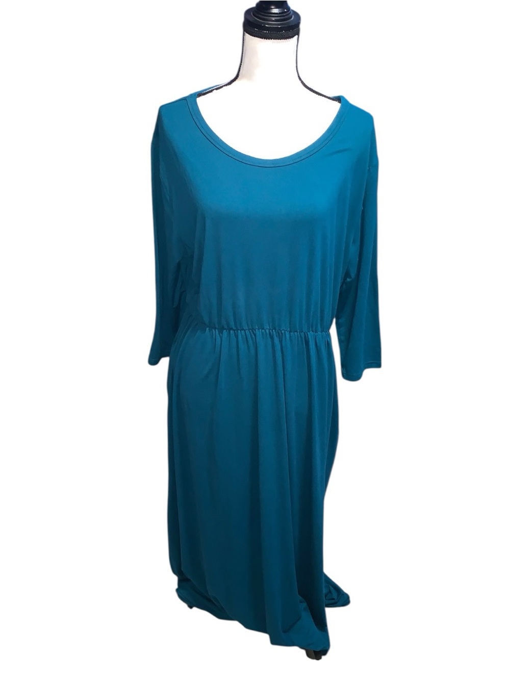 NWT Wneedu Teal Women's Scoop Neck Elastic Waist Dress Long Sleeve Maxi Dress